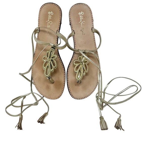 Lilly Pulitzer Pier Metallic Gold Leather Gladiator Tie Up Tassel Sandals Sz 7M - Picture 3 of 8